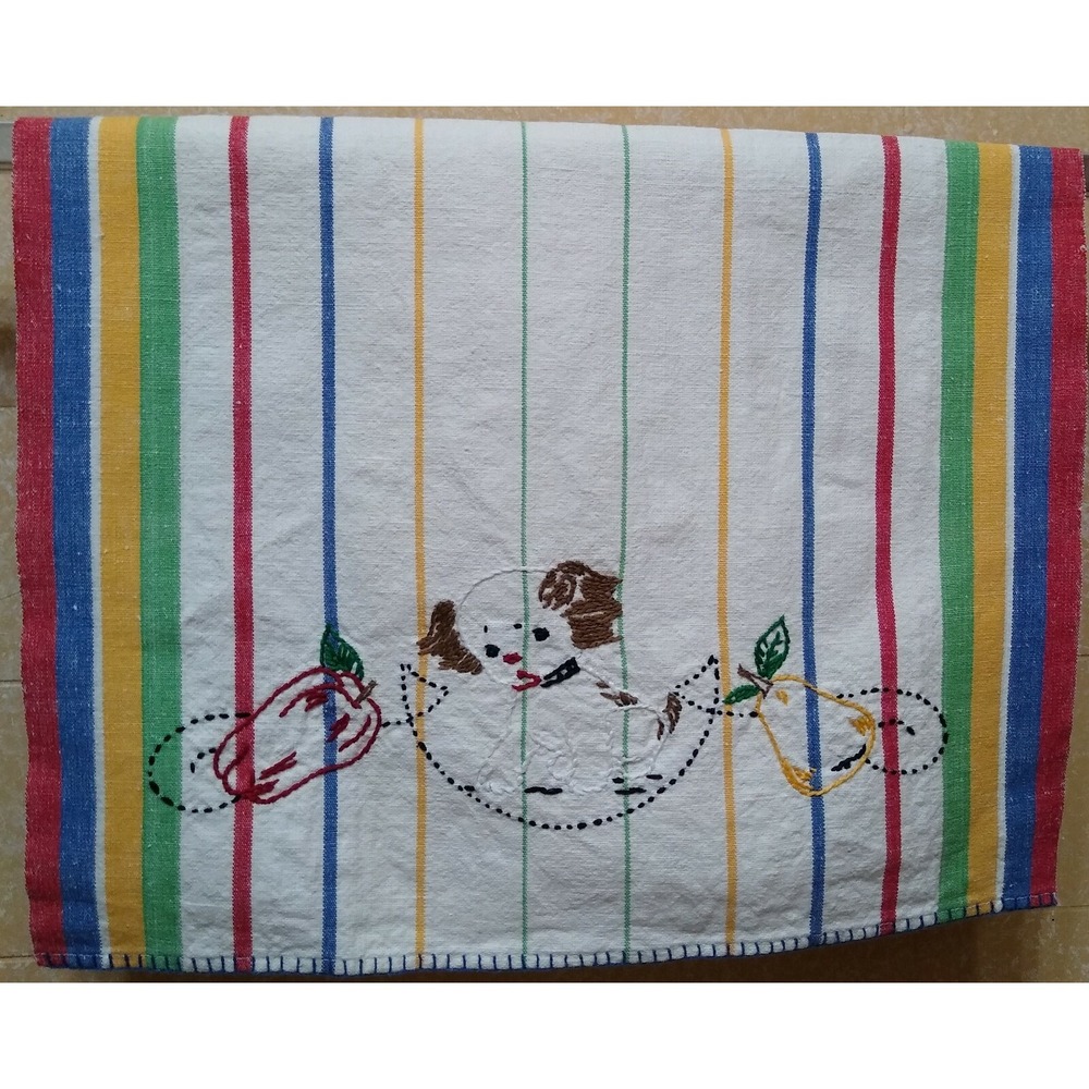 Vtg Embroidered Tea Towel Striped Blue Red Green Puppy 24 x 15.75"